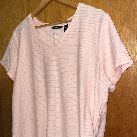 •H BY HALSTON•V NECK STRIPED PINK SHORT SLEEVE TEE SHIRT SIZE XL EUC - Picture 6 of 8